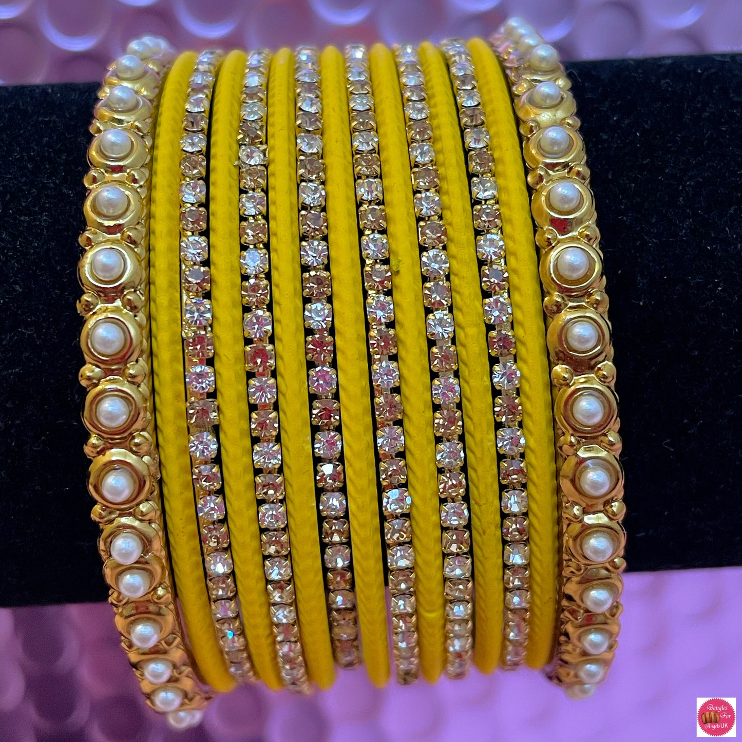 Pearl Zirconia Metal Bangle Set- Yellow