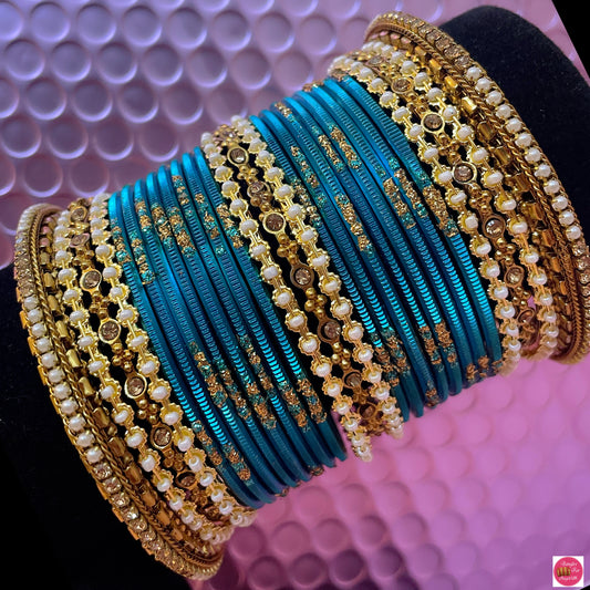 Pearl & Gold Metal Bangles Set- Turquoise Blue