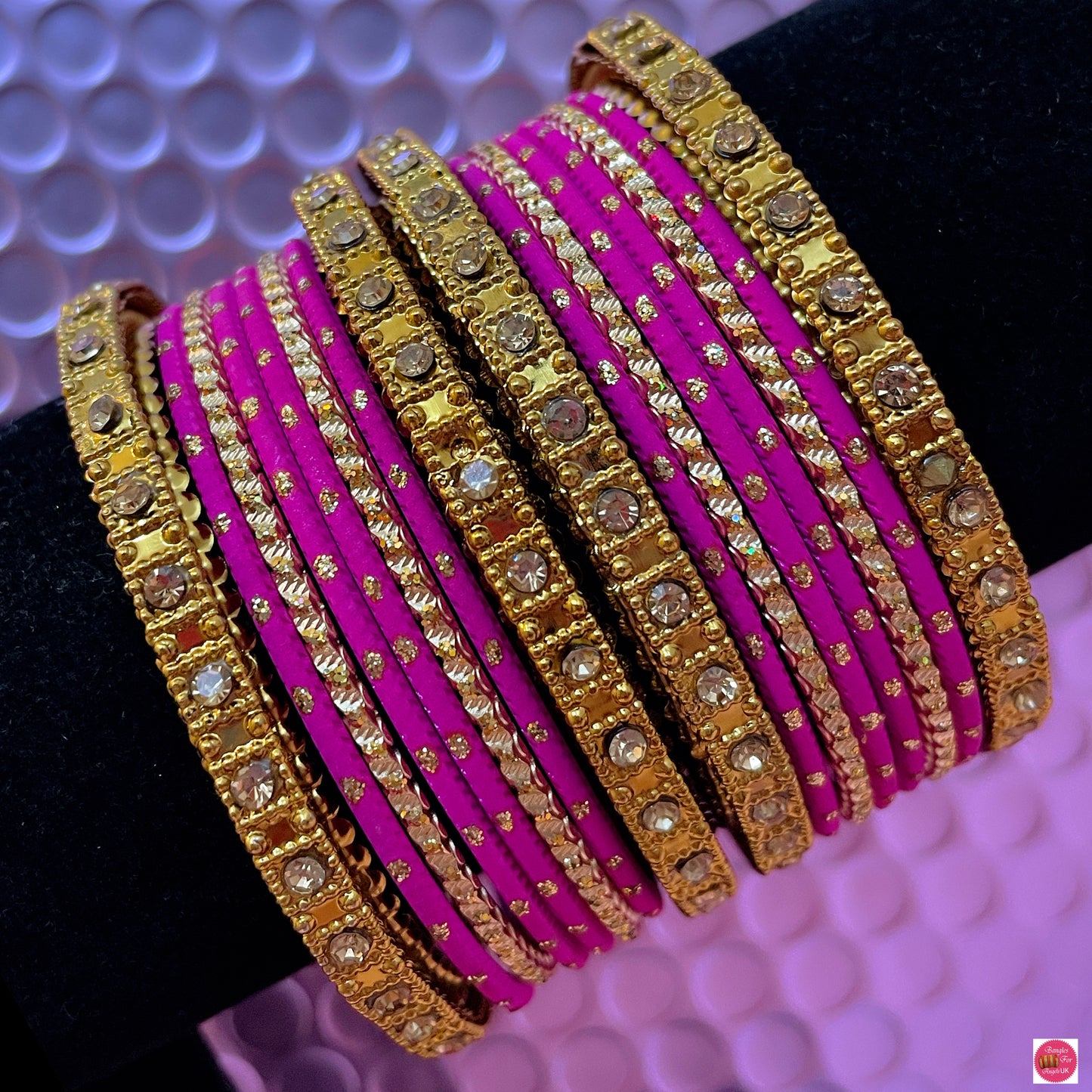 Gold Metal Bangles Set- Hot Pink