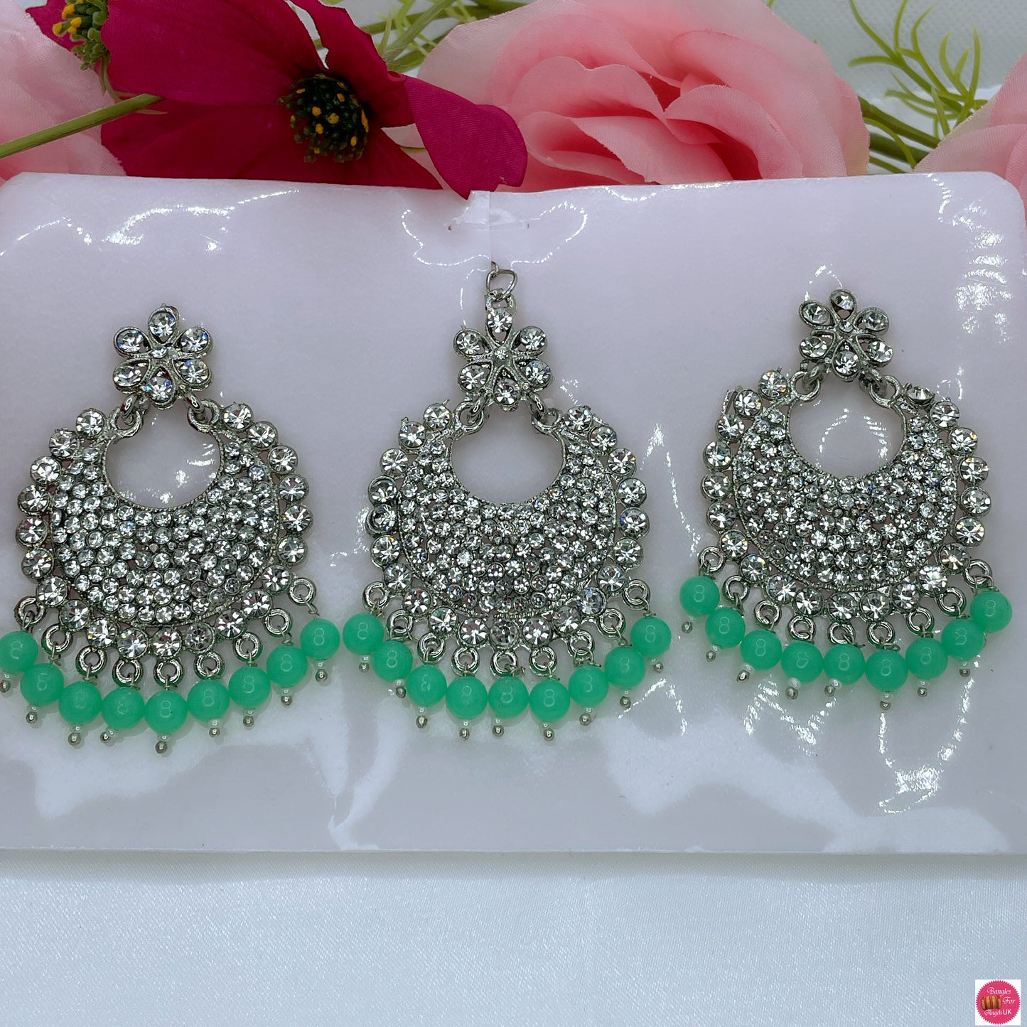 Silver Maang Tikka & Earings Set- Mint Green