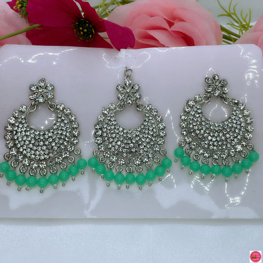 Silver Maang Tikka & Earings Set- Mint Green