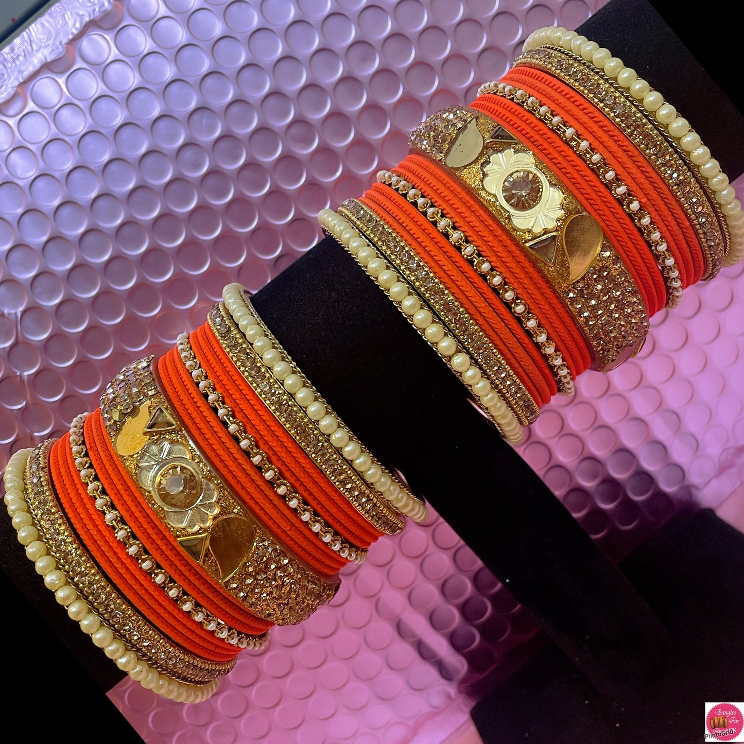 Gold Pearl Metal Bangles Set- Orange