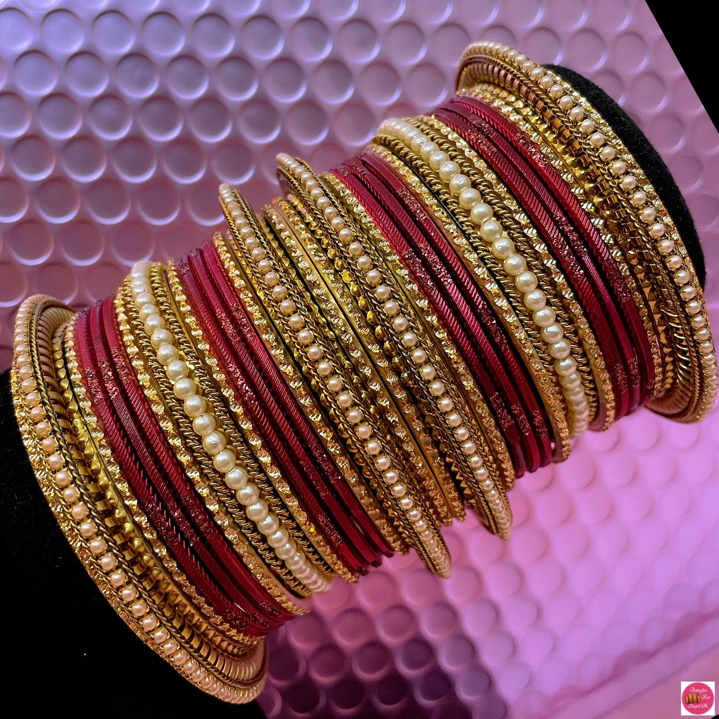 Gold & Pearl Metal Bangles Set- Maroon