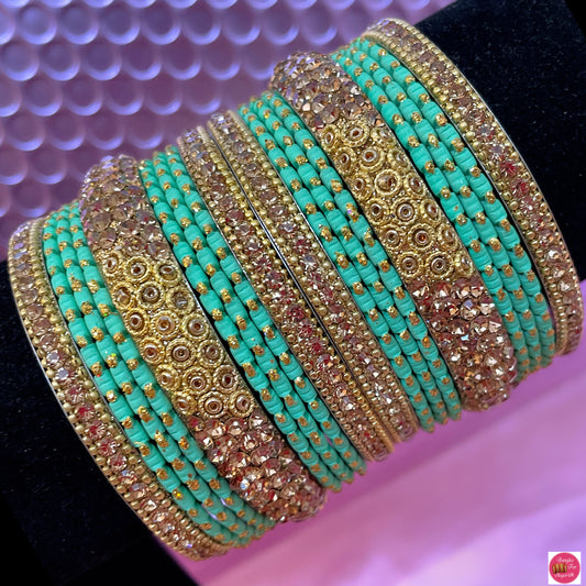 Gold Metal Bangle Set- Mint Green