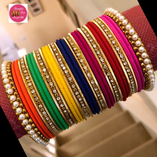 Multicoloured Pearl Metal Bangle Set