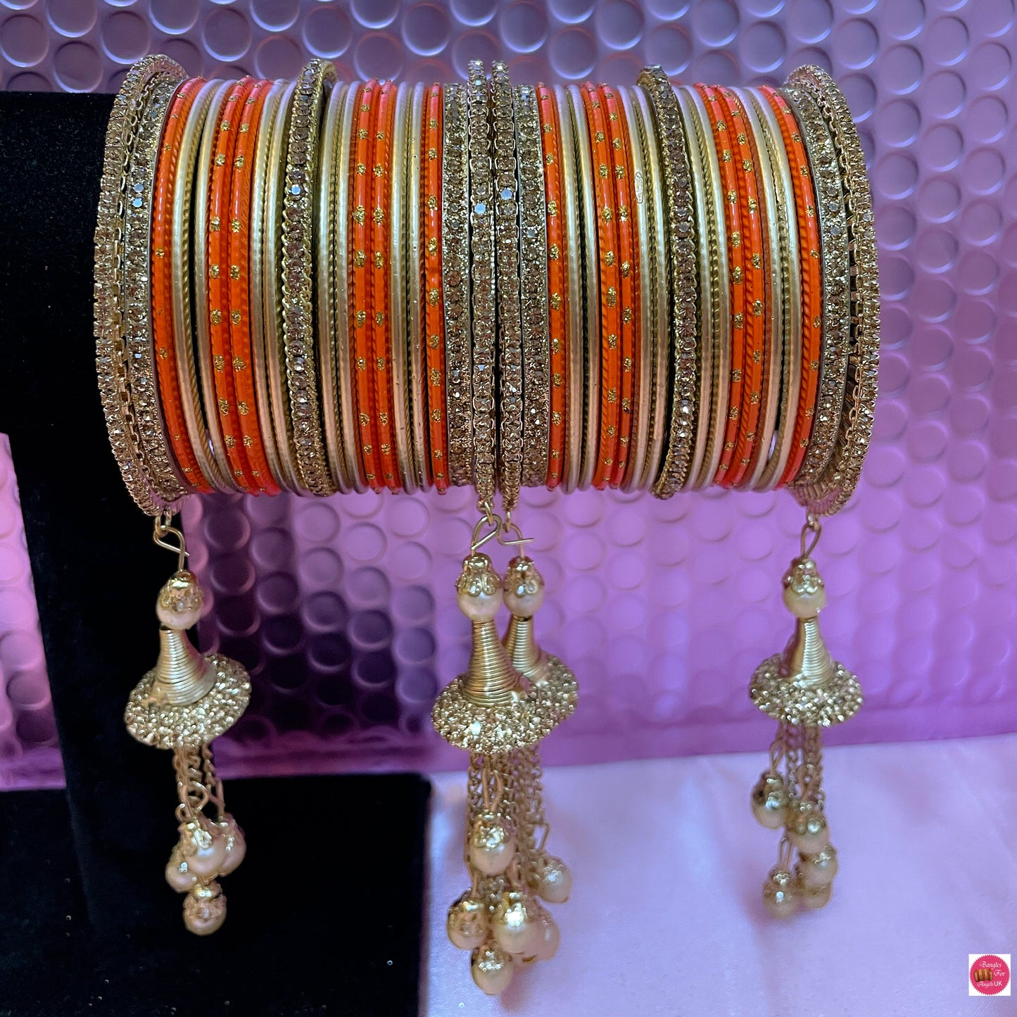 Gold Zirconia Pearl Hangings Metal Bangles Set- Orange