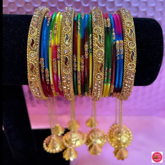 Gold Hanging Metal Bangle Set- Rainbow