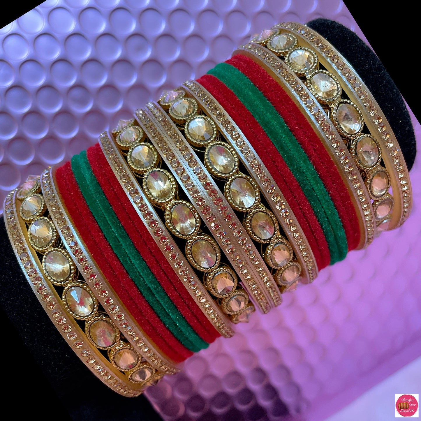 Kundan Velvet Metal Bangle Set- Red & Green Velvet