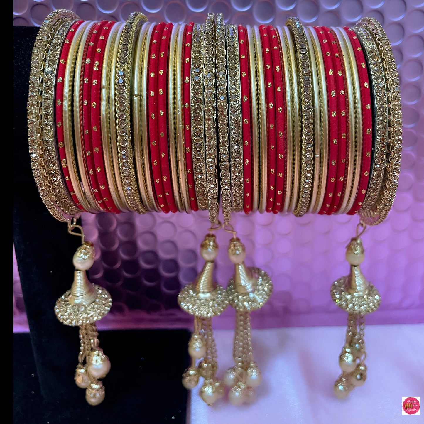 Zirconia Gold Pearl Hangings Metal Bangles Set- Red