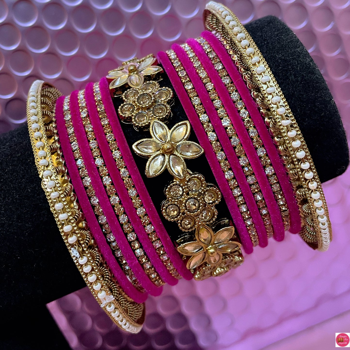 Kundan Zirconia Metal Bangles Set- Velvet Hot Pink