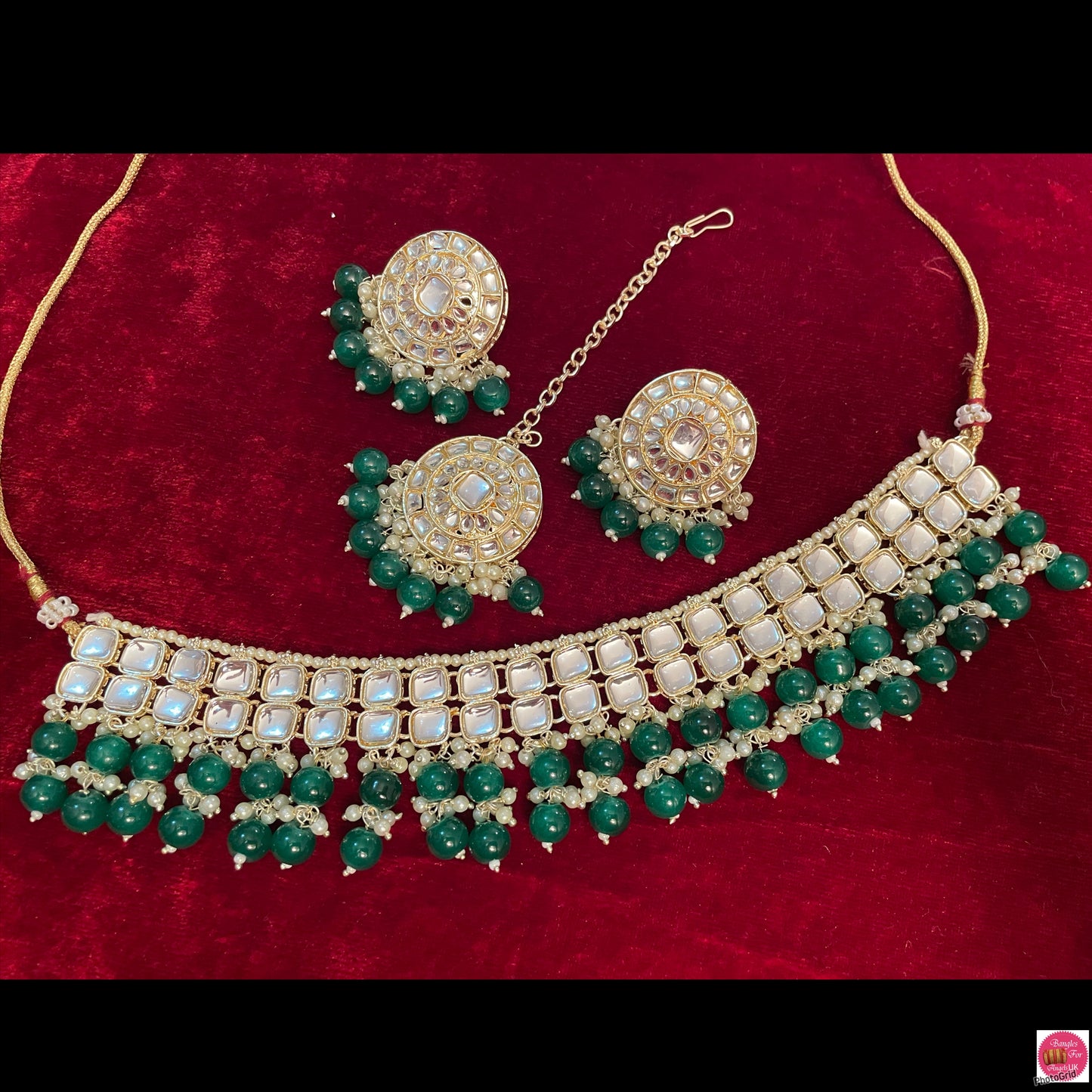 Kundan Pearl Choker, Earings & Maang Tikka Set- Emerald Green