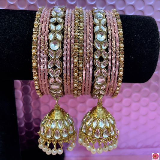 Kundan Gold Hanging Metal Bangles Set- Tuscany Pink