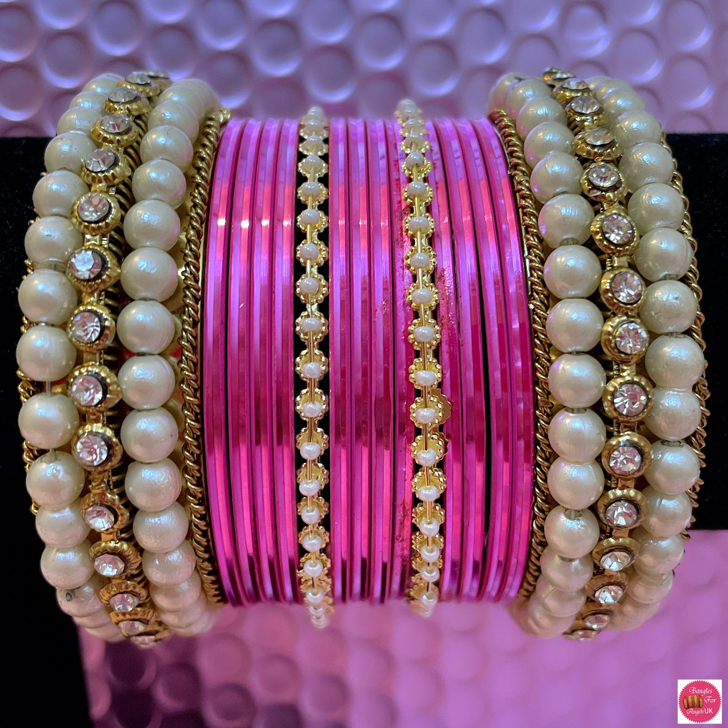 Pearl Metal Bangles Set- Pink