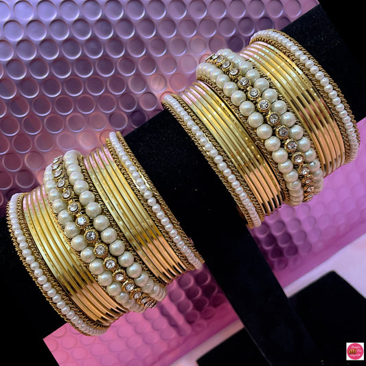 Pearl Glossy Metal Bangles Set- Golden