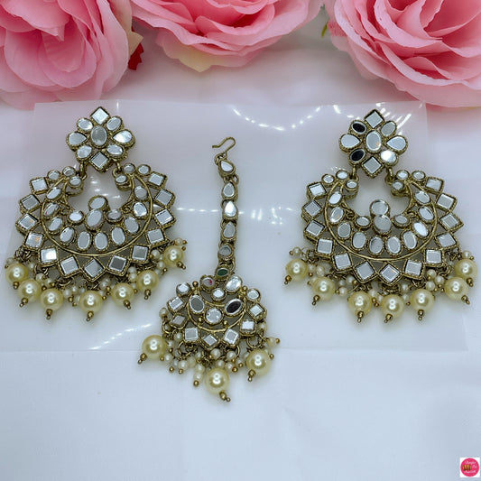 Mirror & Pearl Maang Tikka & Earings Set- White