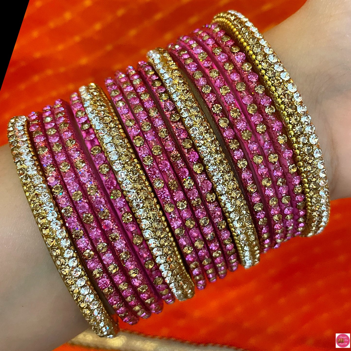 Pure Gold & Pink Glass Bangles Set- Size 2.6