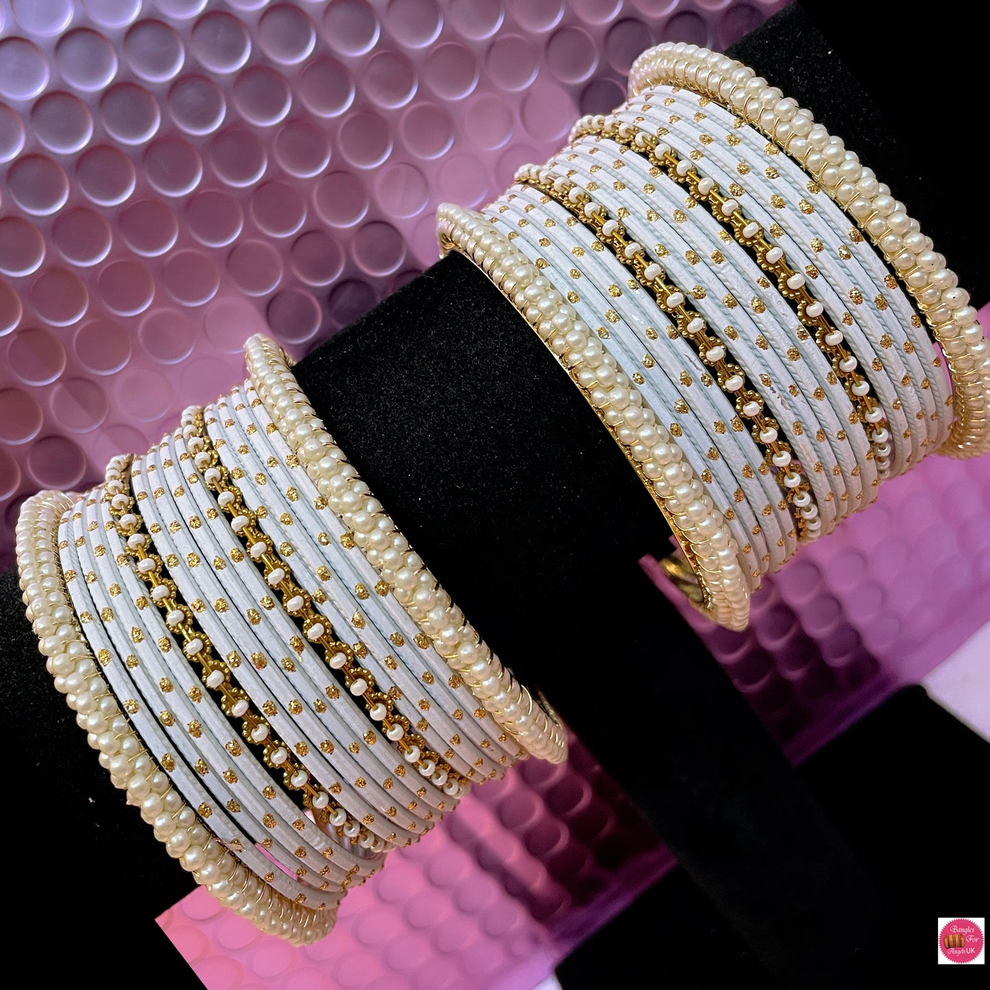 Pearl Metal Bangles Set- White