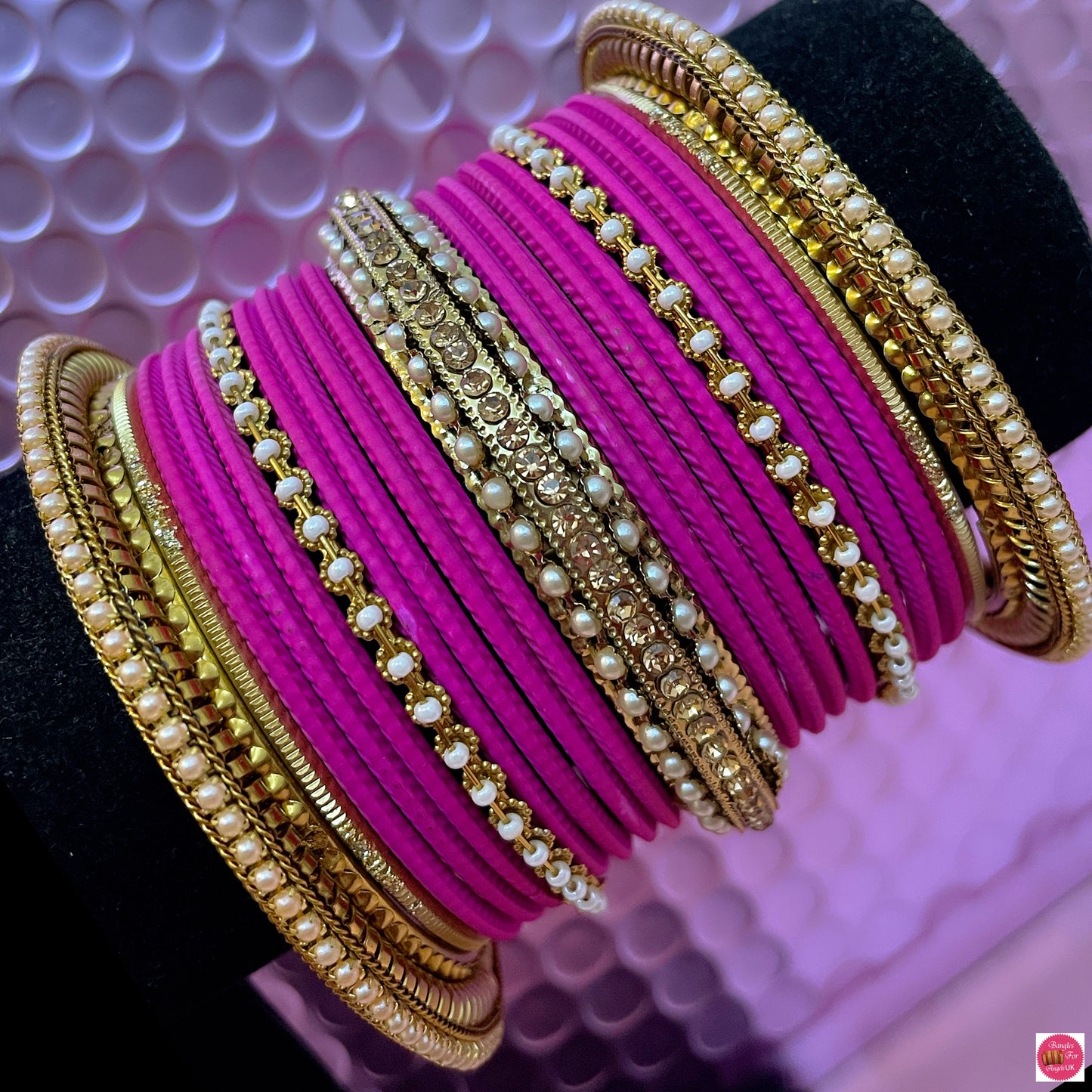 Pearl & Gold Metal Bangles Set- Hot Pink