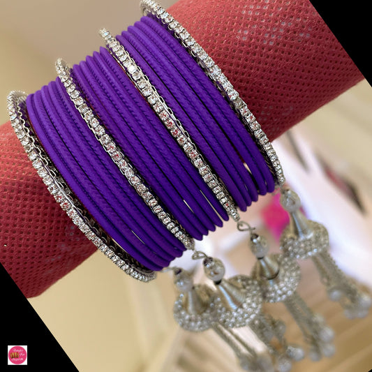 Silver Zirconia Hanging Metal Bangle Set- Purple