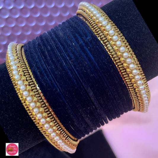 Pearl Velvet Metal Bangle Set- Dark Blue