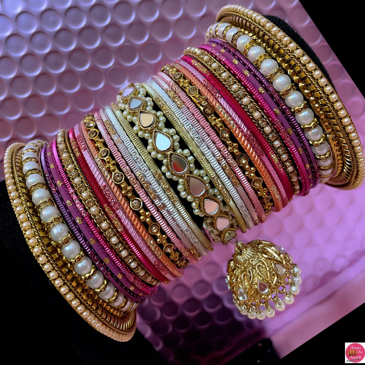 Polki Kundan Pearl Hanging Metal Bangles Set- Pinks