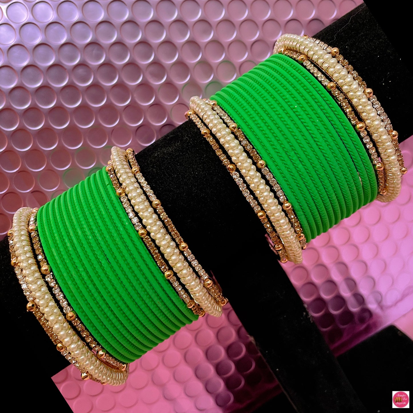 Pearl Zirconia Metal Bangles Set- Green