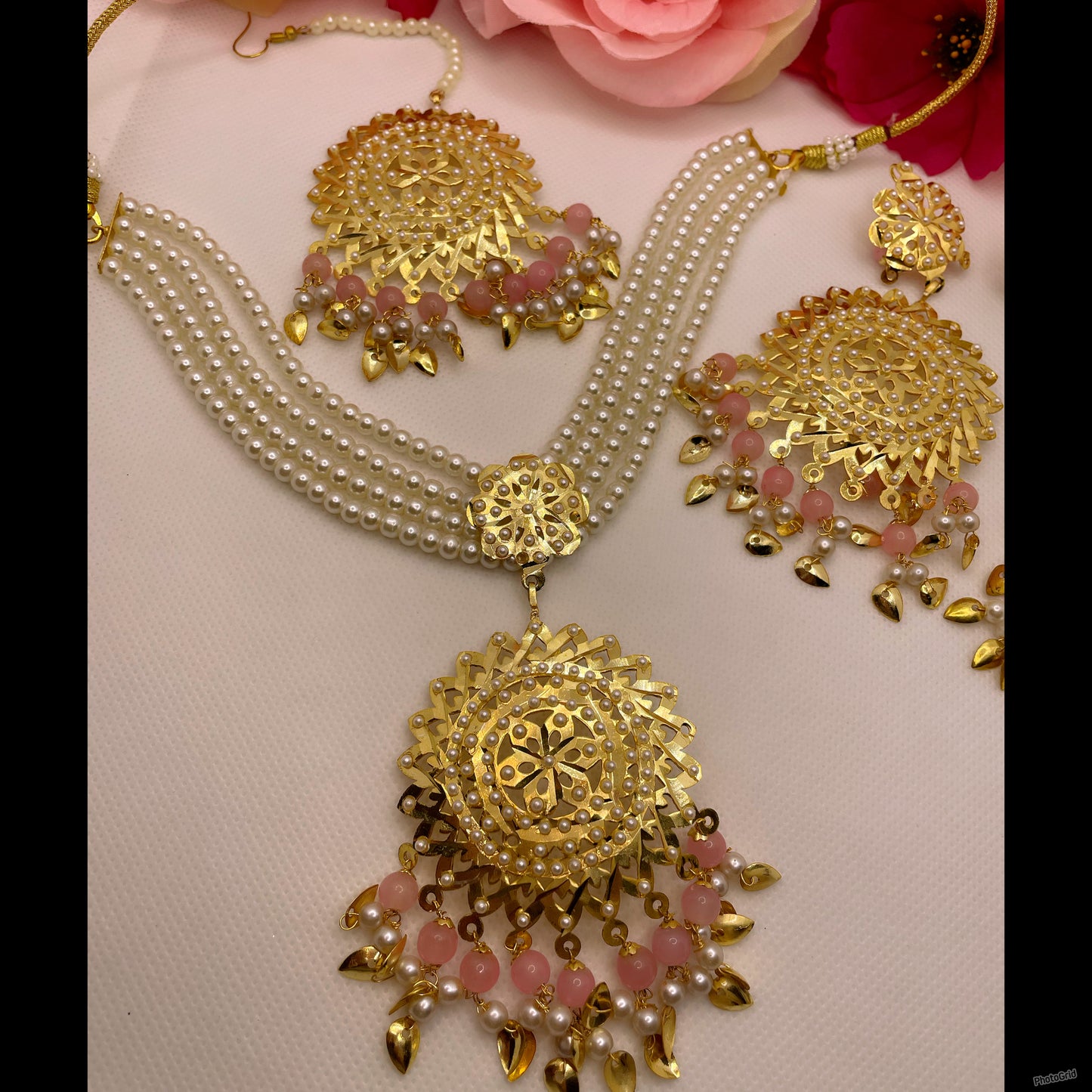 Pearl Jadau Necklace, Earings, Maang Tikka & Ring Set- Light Pink