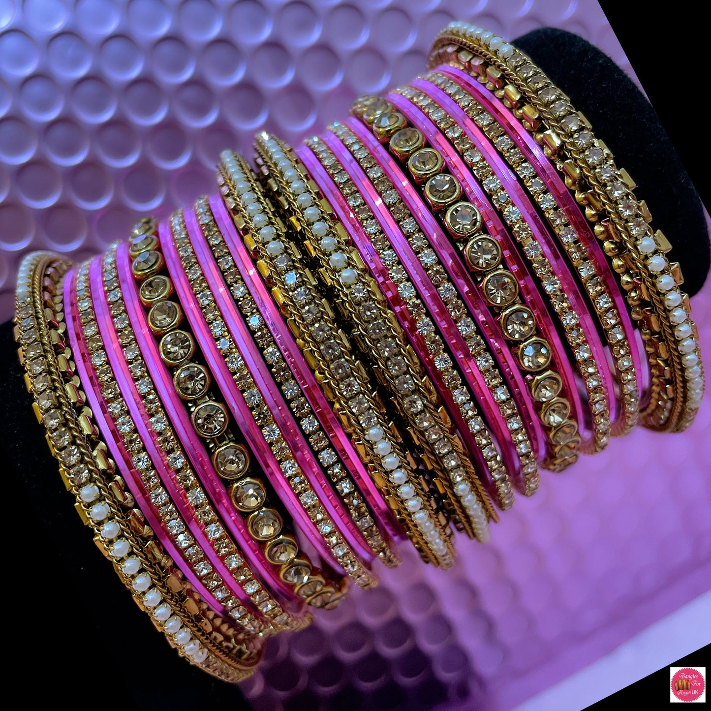 Gold Zirconi Metal Bangles Set- Bubblegum Pink