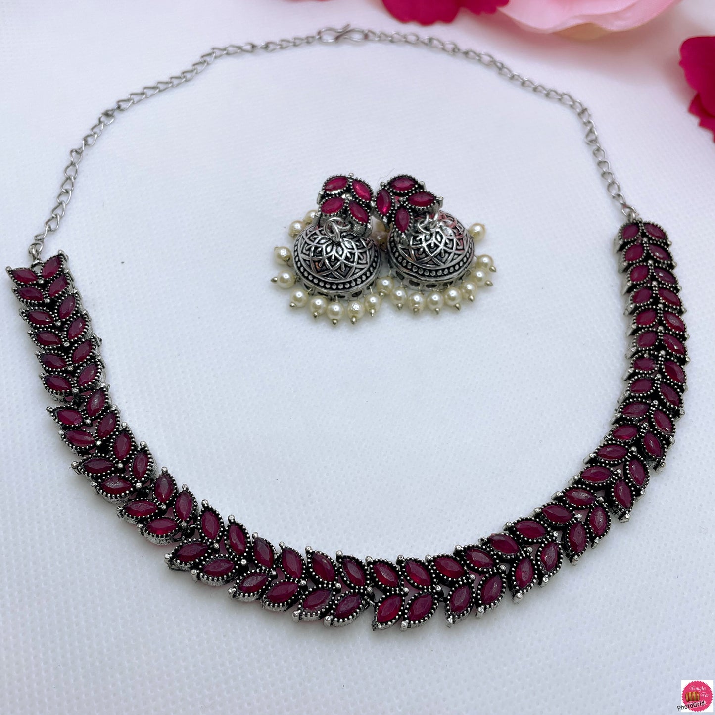 Oxidised Necklace & Earings Set- Maroon