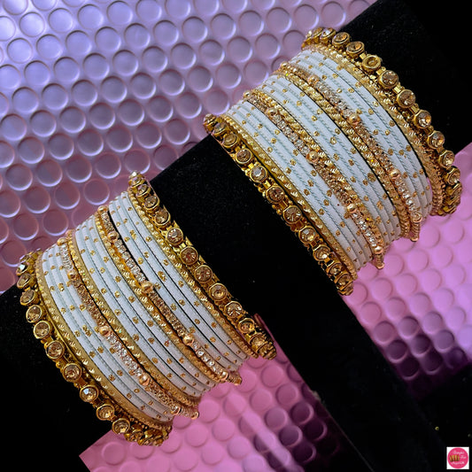 Gold Zirconia Metal Bangles Set- White