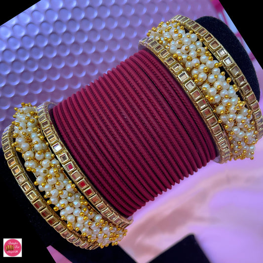 Pearl/Kundan Metal Bangle Set- Maroon