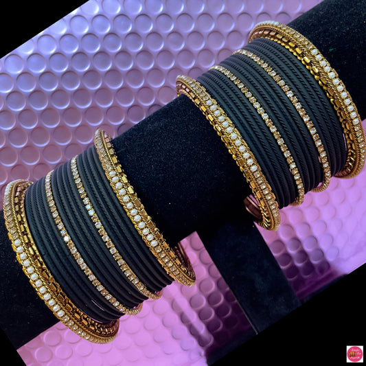 Gold Zirconia Metal Bangles Set- Black