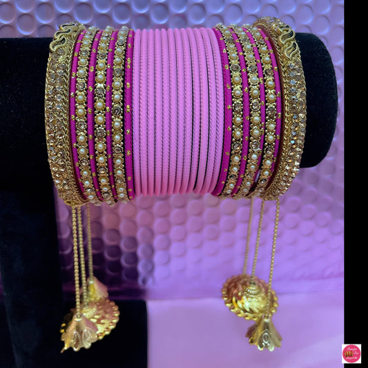 Gold Hanging Metal Bangles Set- Pink