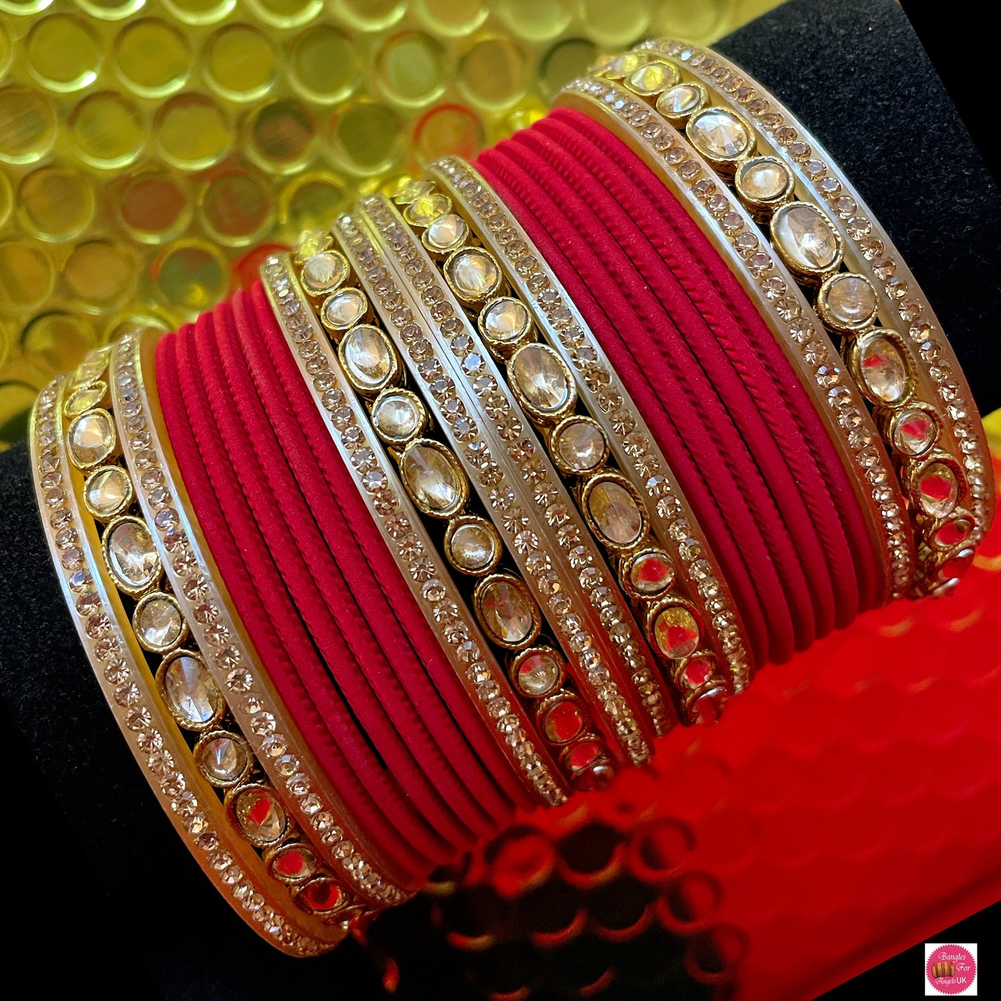 Kundan Metal Bangles Set- Red