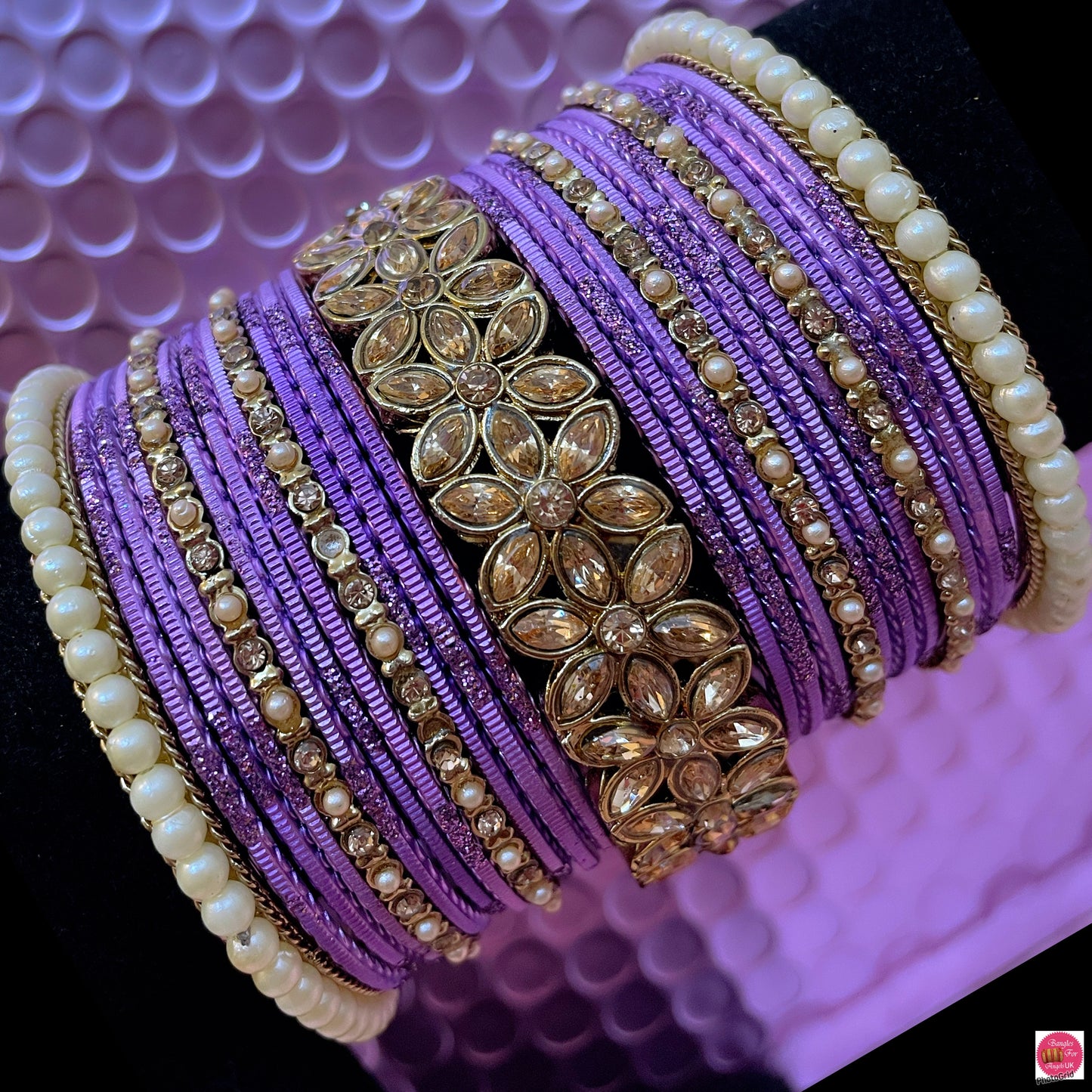 Kundan Pearl Metal Bangles Set- Lilac/Purple