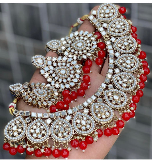 Mirror Necklace, Earings & Maang Tikka Set- Ruby Red