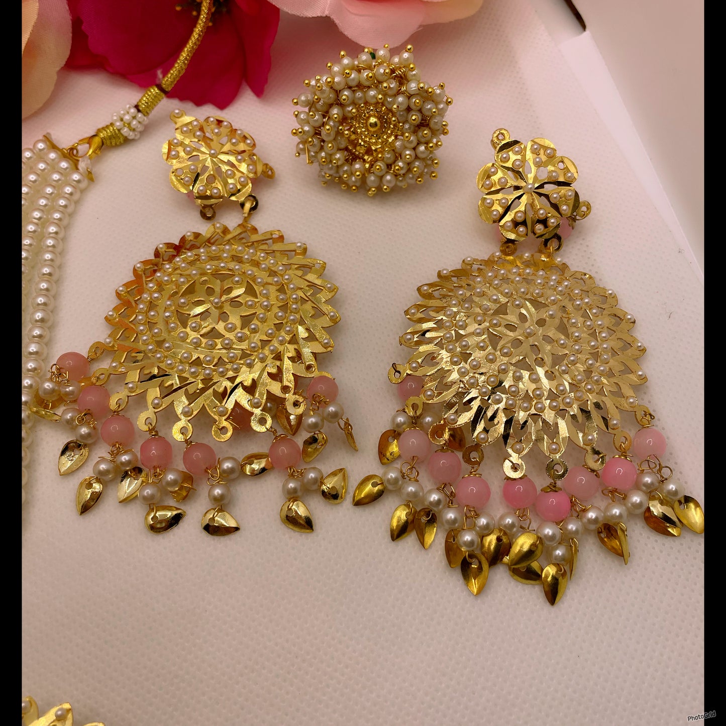 Pearl Jadau Necklace, Earings, Maang Tikka & Ring Set- Light Pink