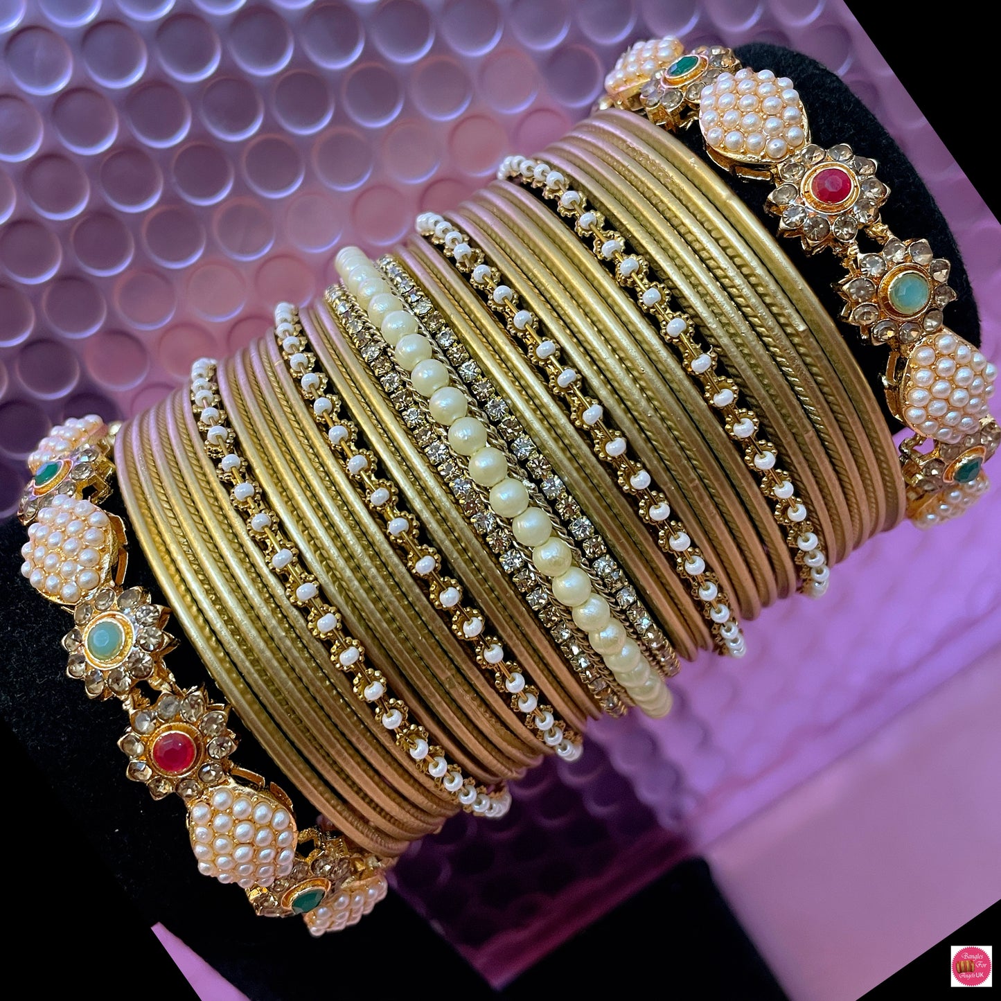 Pearl Zirconia Metal Bangles Set- Gold