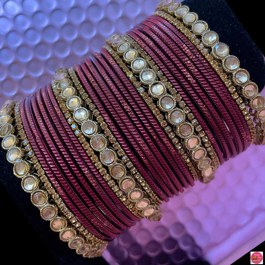 Kundan Zirconia Maroon Metal Bangles Set- Size 2.10