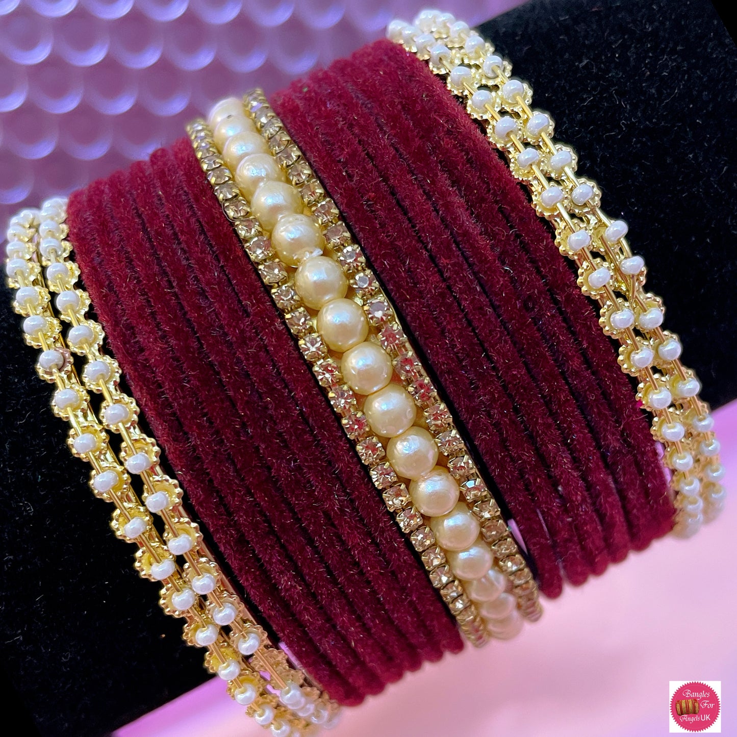 Pearl Zirconia Velvet Bangle Set- Maroon