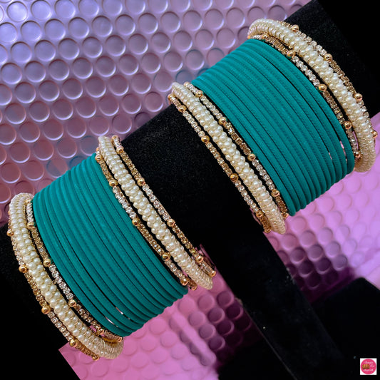 Pearl Zirconia Metal Bangles Set- Blue Green