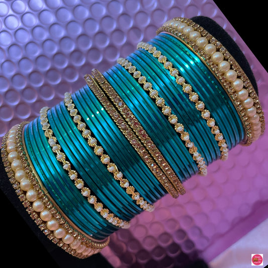 Pearl Metal Bangle Set- Turquoise