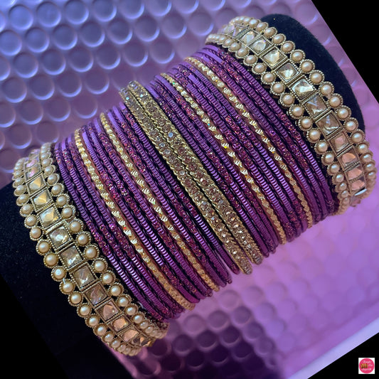 Kundan Pearl Metal Bangles Set- Purple