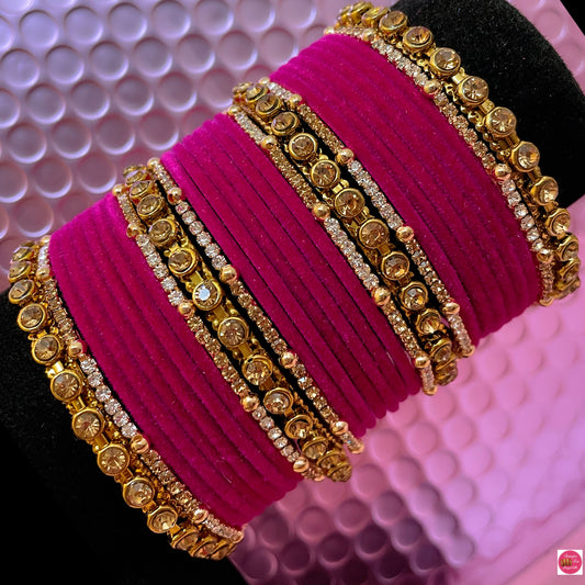 Gold Zirconia Velvet Metal Bangles Set