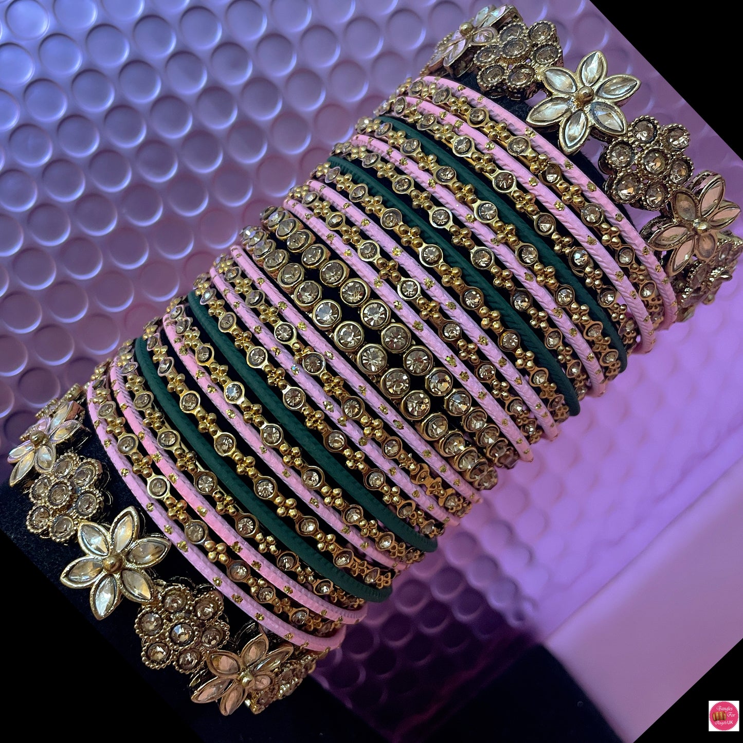 Kundan Metal Bangles Set- Pink/Green