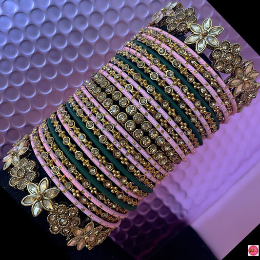 Kundan Metal Bangles Set- Pink/Green