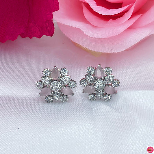 Flower American Diamond Stud Earings- Pink