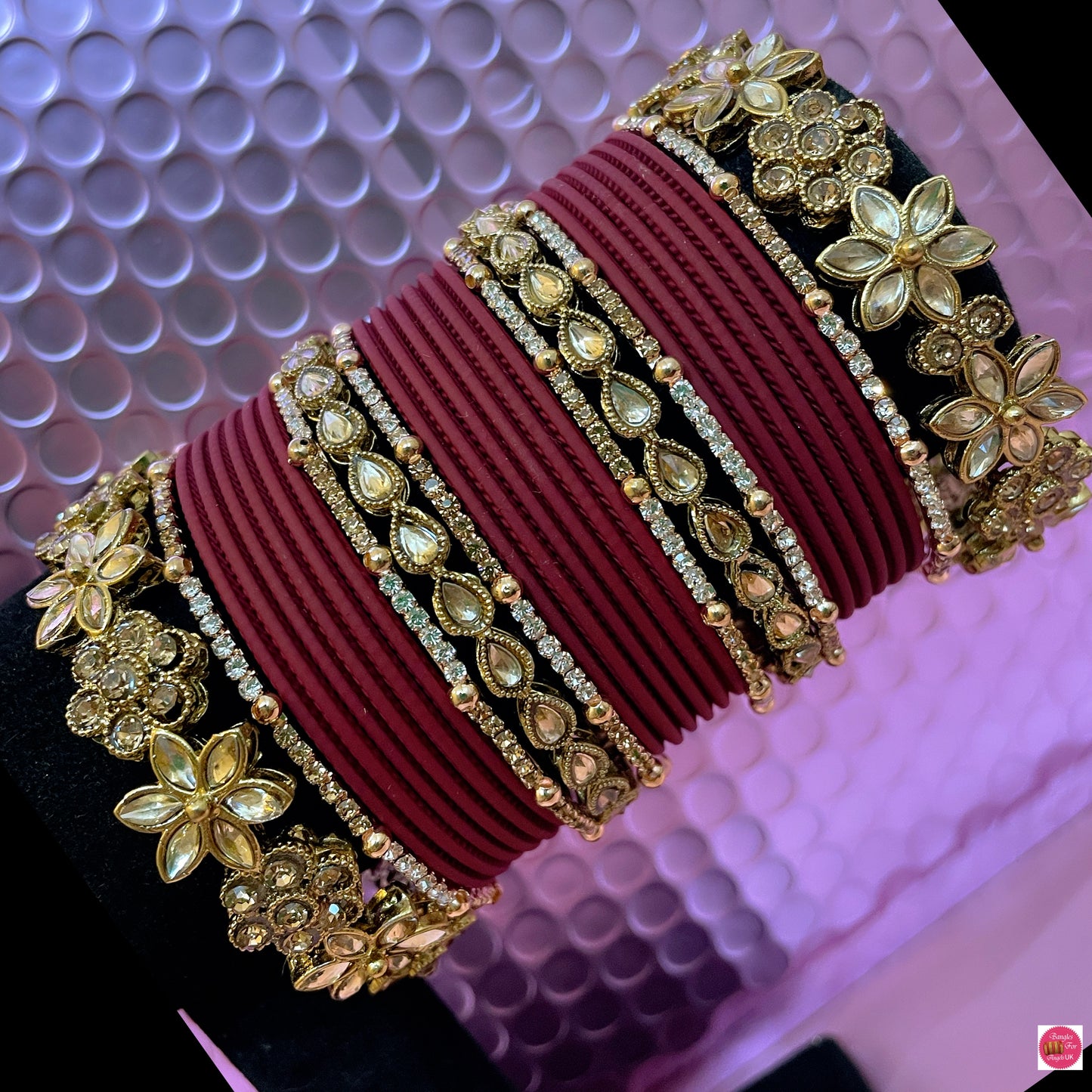 Kundan Flower Metal Bangles Set- Maroon