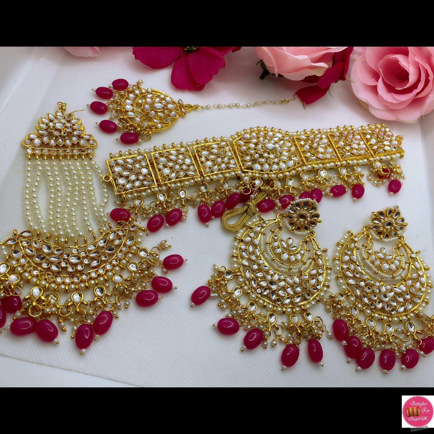 Kundan Choker/Necklace Earings Maang Tikka Paasha Set- Hot Pink