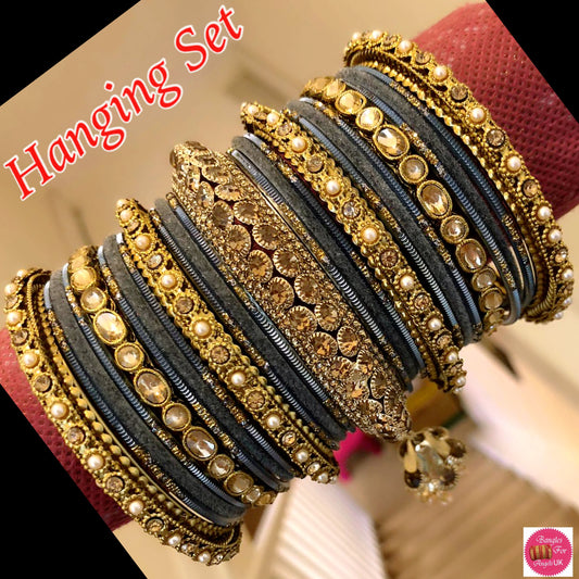 Kundan Hanging Metal Bangles Set- Velvet Grey